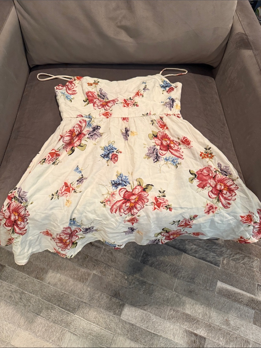 Zara Ivory Floral Mini Dress with Pink and Blue Blooms